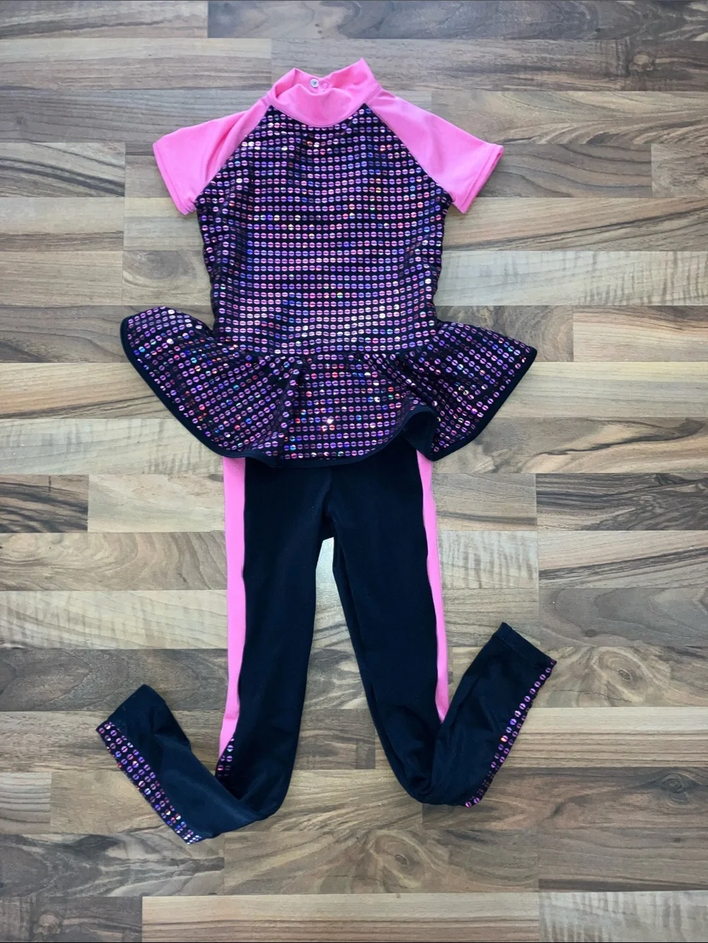 Weissman Dancewear Costume Pink black sequin pants one piece Sz 1C girls